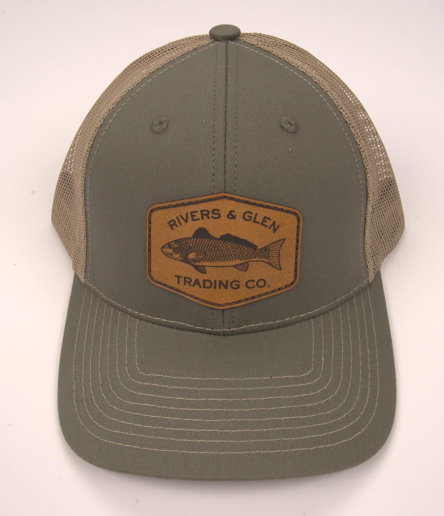 R&G Redfish Trucker Hat Olive/Khaki Redfish Leather Patch 112 Rivers and Glen Trading Co. Hats Olive/Khaki/RedfishLeather/112OC Headwear Rivers and Glen Trading Co