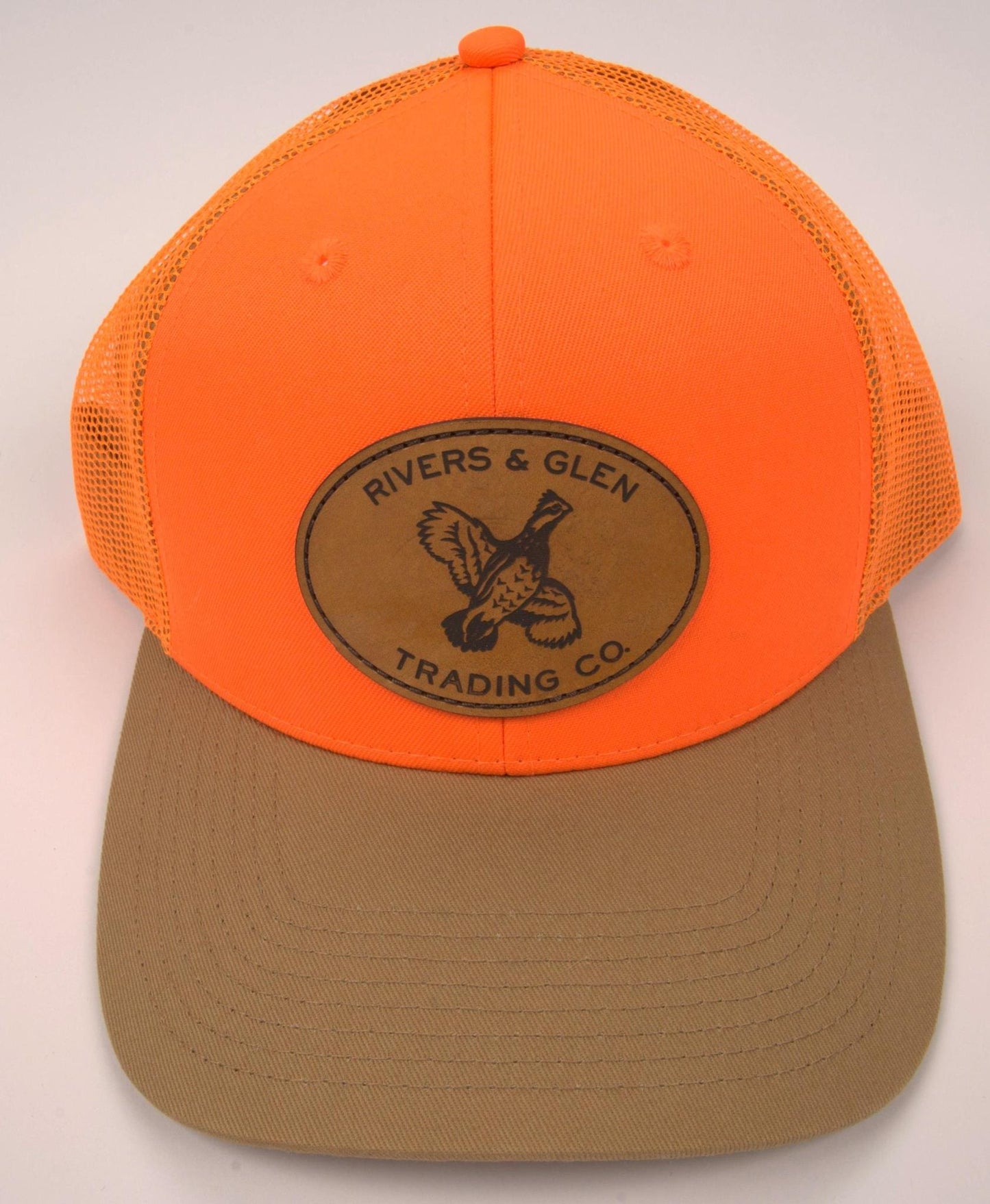 R&G Quail Trucker Hat Blaze Orange/Khaki Leather Quail Patch 112 Rivers and Glen Trading Co. Hats BlazeOrange/Khaki/LeatherQuailPatch/112 Headwear Rivers and Glen Trading Co