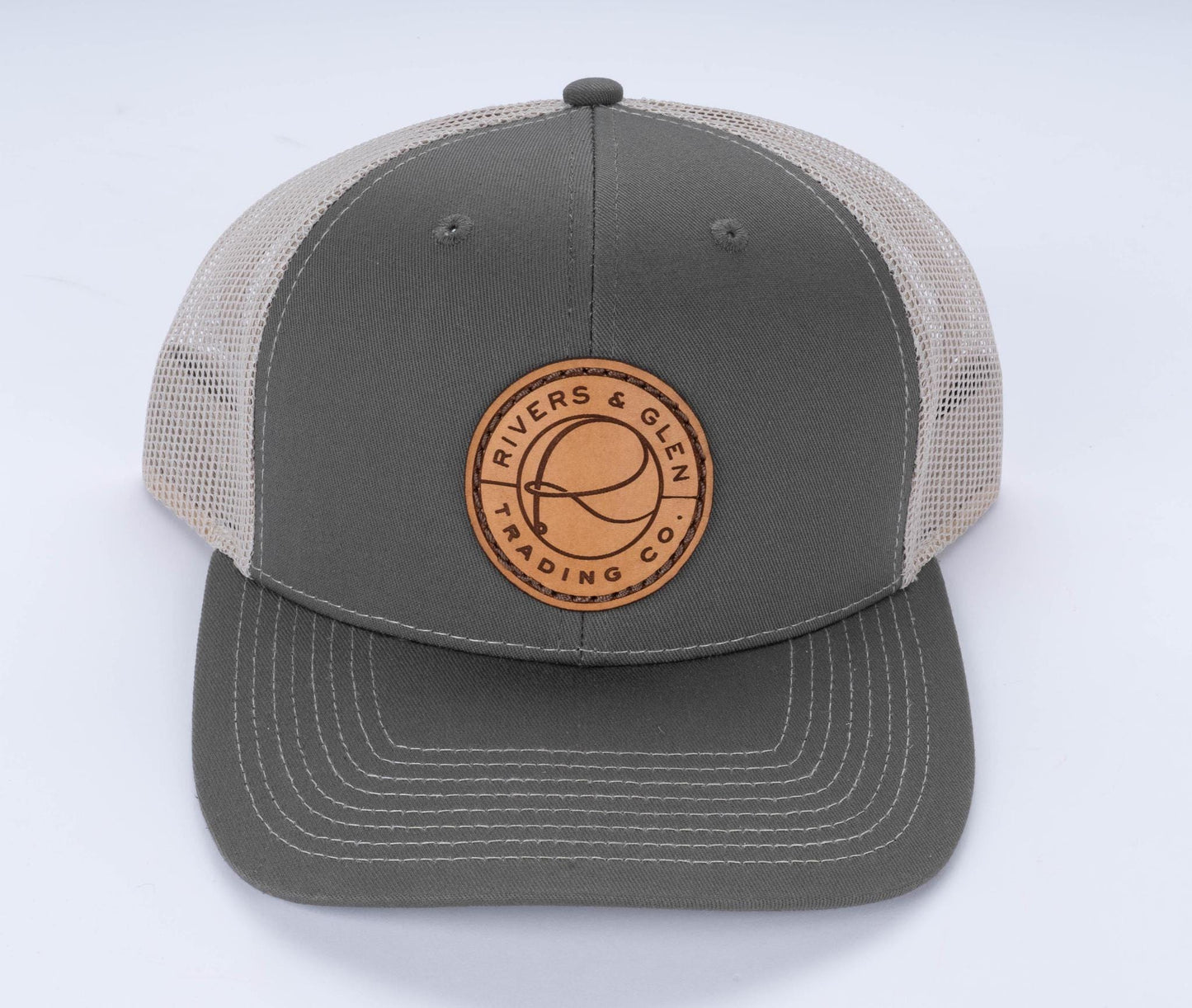 R&G Leather Patch Trucker Hat 112 Rivers and Glen Trading Co. Hats Olive/Khaki Headwear Rivers and Glen Trading Co