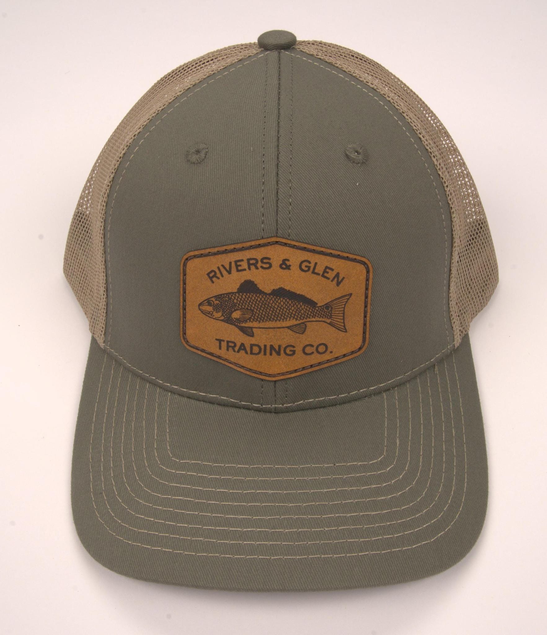 R&G Redfish Trucker Hat Olive/Khaki Redfish Leather Patch 112 Rivers and Glen Trading Co. Hats Olive/Khaki/RedfishLeather/112OC Headwear Rivers and Glen Trading Co