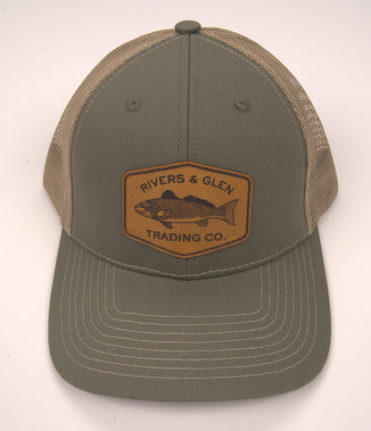 R&G Redfish Trucker Hat Olive/Khaki Redfish Leather Patch 112 Rivers and Glen Trading Co. Hats Olive/Khaki/RedfishLeather/112OC Headwear Rivers and Glen Trading Co