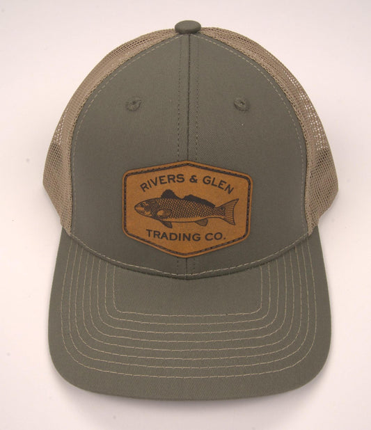R&G Redfish Trucker Hat Olive/Khaki Redfish Leather Patch 112 Rivers and Glen Trading Co. Hats Olive/Khaki/RedfishLeather/112OC Headwear Rivers and Glen Trading Co