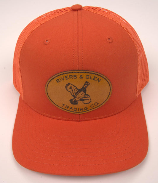R&G Quail Trucker Hat Orange Leather Quail Patch 112 Rivers and Glen Trading Co. Hats Orange/LeatherQuailPatch/112 Headwear Rivers and Glen Trading Co