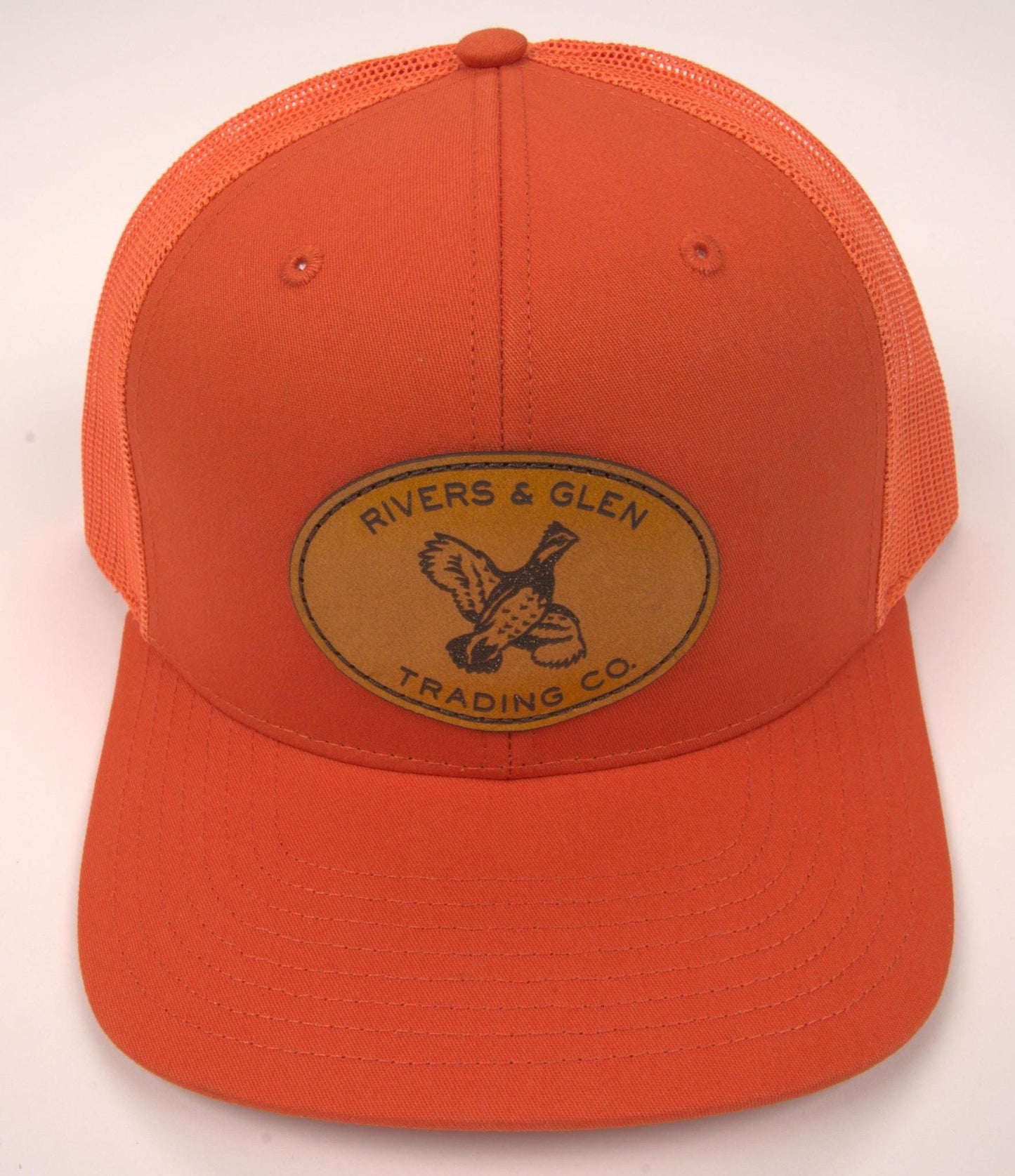 R&G Quail Trucker Hat Orange Leather Quail Patch 112 Rivers and Glen Trading Co. Hats Orange/LeatherQuailPatch/112 Headwear Rivers and Glen Trading Co