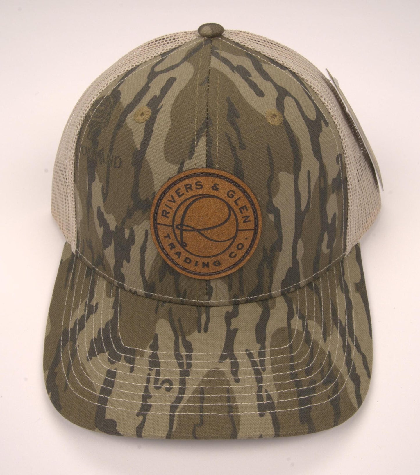 R&G Trucker Hat Mossy Oaks Original Bottomland/Tan Leather Patch 112 Rivers and Glen Trading Co. Hats MOBL/Tan/LeatherPatch/112OC Headwear Rivers and Glen Trading Co