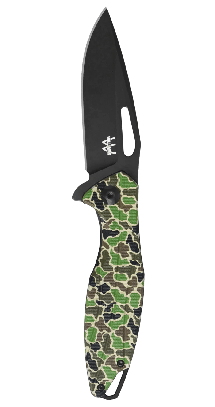 Williams RX Flipper Knife Williams Knife Woodland Camo/Black Knives Rivers and Glen Trading Co