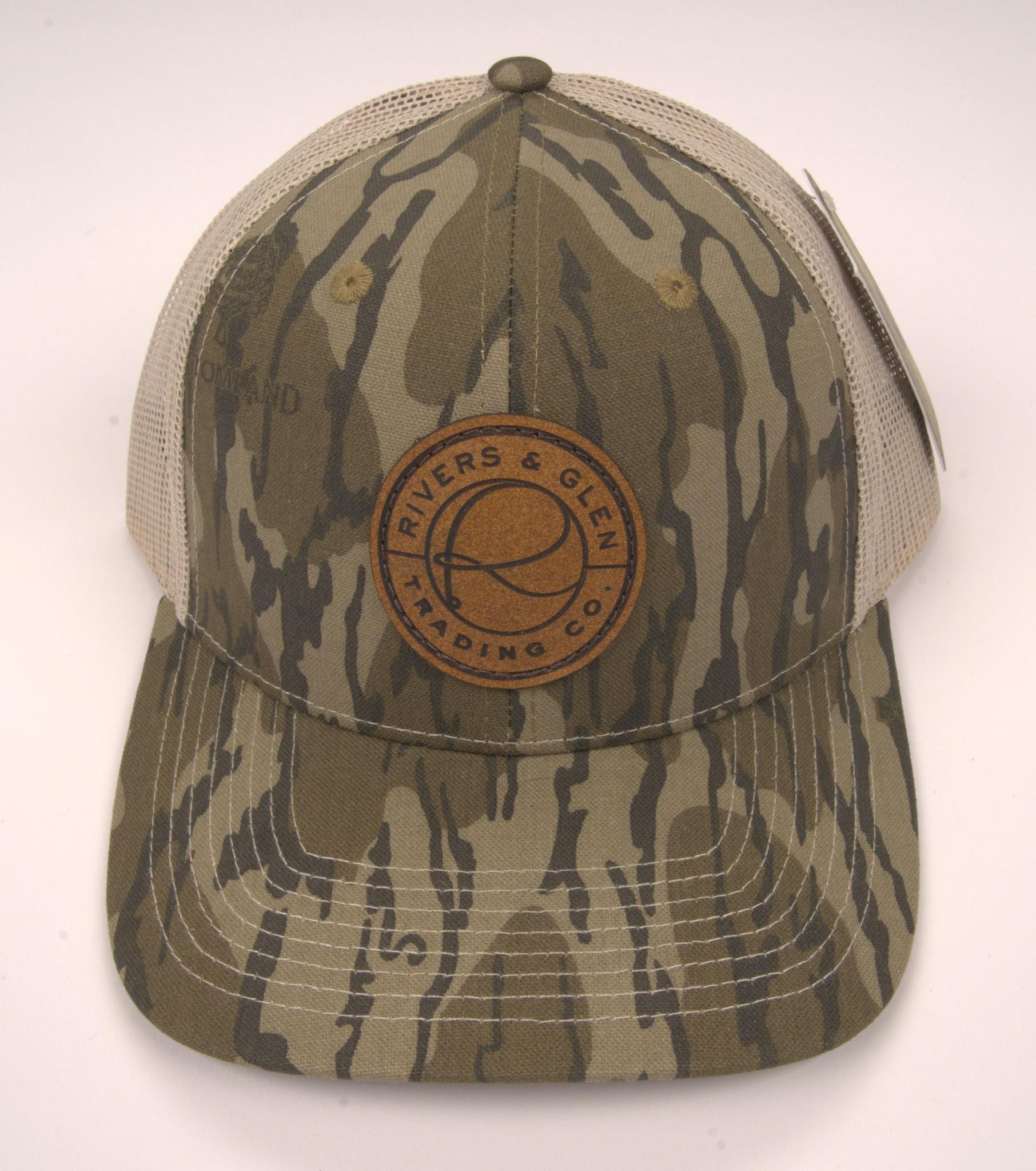 R&G Trucker Hat Mossy Oaks Original Bottomland/Tan Leather Patch 112 Rivers and Glen Trading Co. Hats MOBL/Tan/LeatherPatch/112OC Headwear Rivers and Glen Trading Co