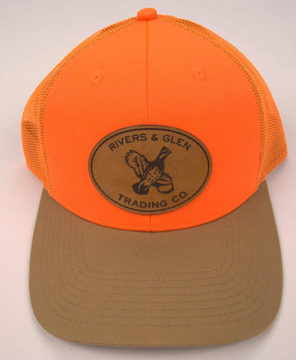 R&G Quail Trucker Hat Blaze Orange/Khaki Leather Quail Patch 112 Rivers and Glen Trading Co. Hats BlazeOrange/Khaki/LeatherQuailPatch/112 Headwear Rivers and Glen Trading Co