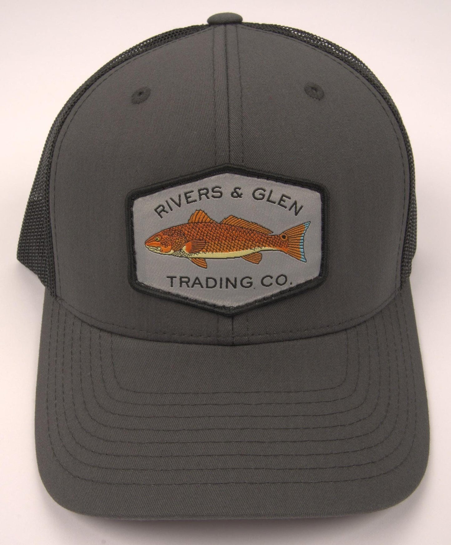 R&G Redfish Trucker Hat Charcoal/Black Redfish Grey Patch 112 Rivers and Glen Trading Co. Hats Charcoal/Black/RedfishGreyPatch/112YP Headwear Rivers and Glen Trading Co
