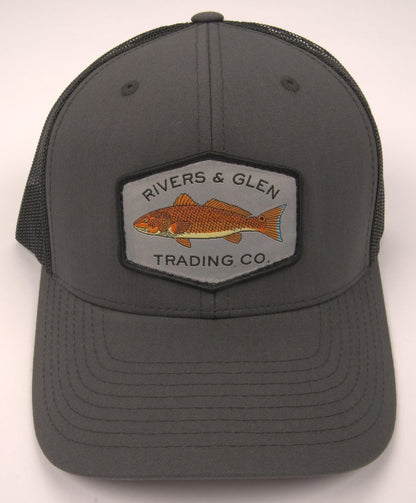 R&G Redfish Trucker Hat Charcoal/Black Redfish Grey Patch 112 Rivers and Glen Trading Co. Hats Charcoal/Black/RedfishGreyPatch/112YP Headwear Rivers and Glen Trading Co