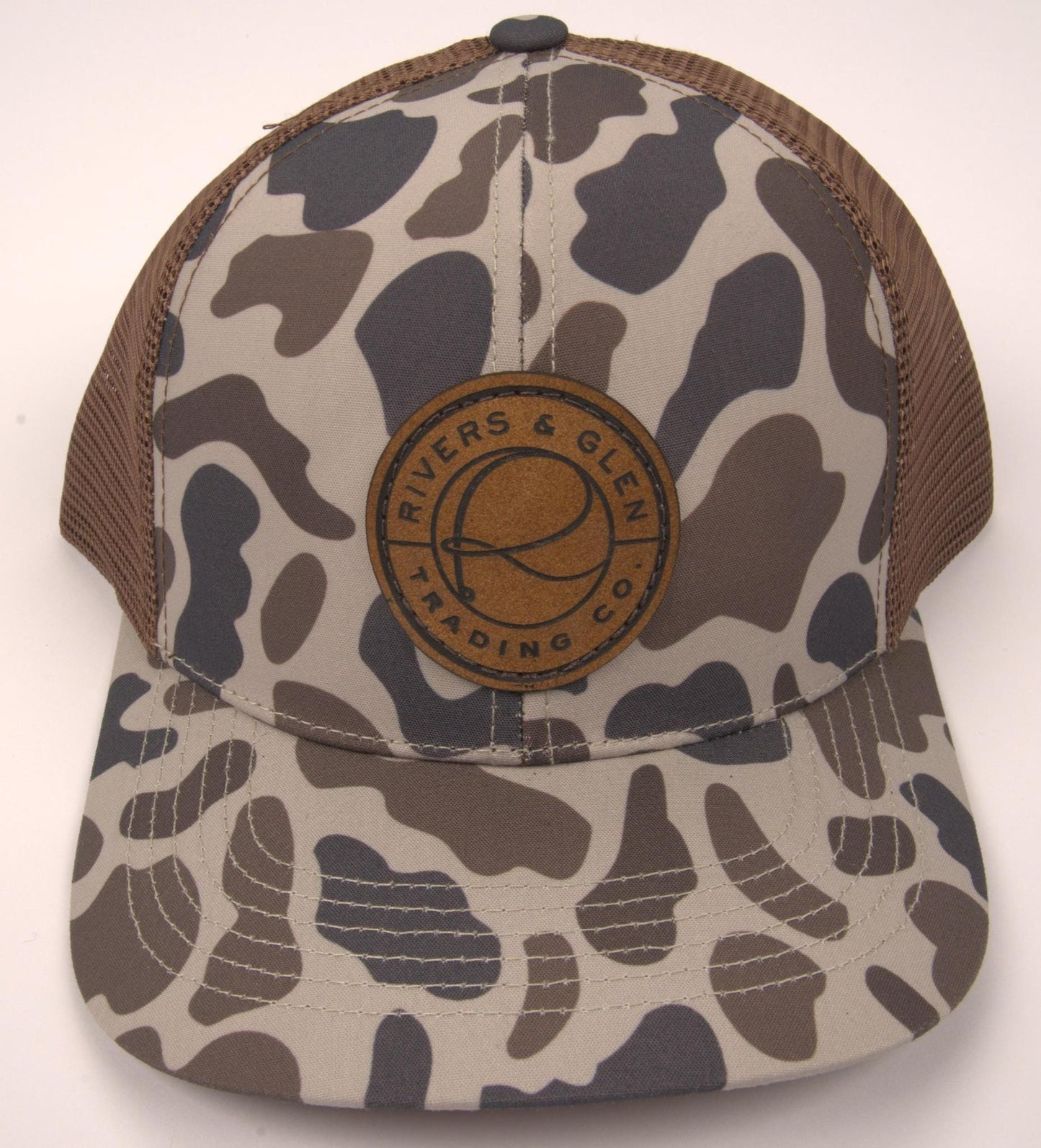 R&G Trucker Hat Cool Slough/Chocolate Slate Leather Patch 112 Rivers & Glen Trading Co. Hats CoolSlough/ChocolateSlate/LeatherPatch/112L Headwear Rivers and Glen Trading Co