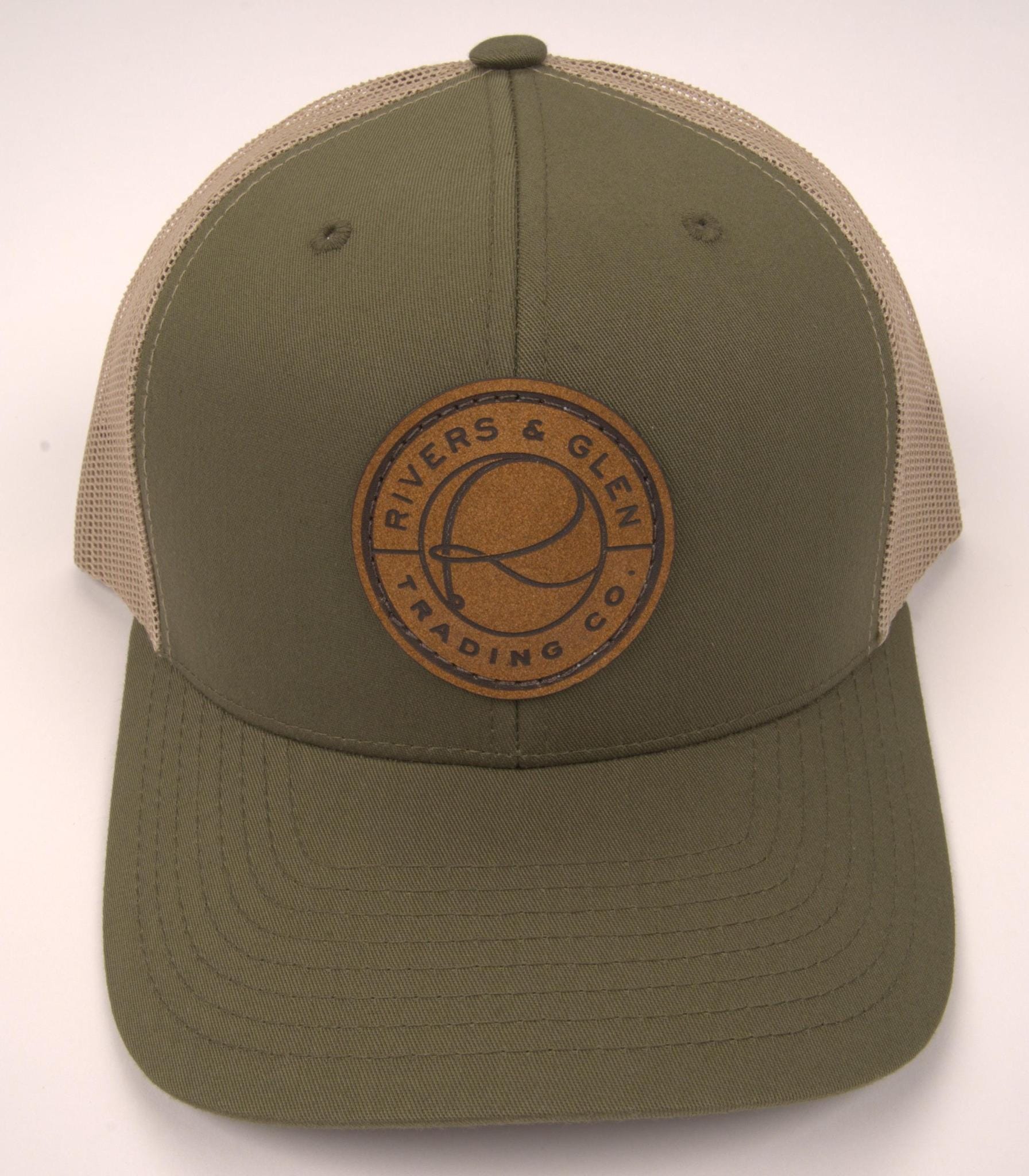R&G Trucker Hat Moss/Khaki Leather Patch 112 Rivers & Glen Trading Co. Hats Moss/Khaki/Leather/112YP Headwear Rivers and Glen Trading Co