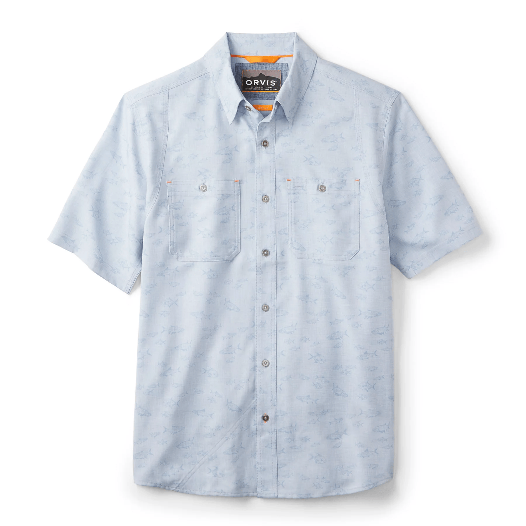 Orvis Tech Chambray Short-Sleeved Workshirt Orvis Blue Fog Saltwater Fish Print / M Men's Short Sleeve Button Down Shirts Rivers and Glen Trading Co