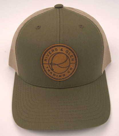 R&G Trucker Hat Moss/Khaki Leather Patch 112 Rivers & Glen Trading Co. Hats Moss/Khaki/Leather/112YP Headwear Rivers and Glen Trading Co