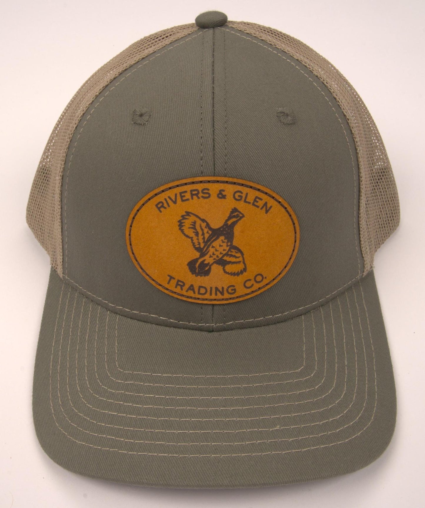 R&G Quail Trucker Hat Olive/Khaki Leather Quail Patch 112 Rivers and Glen Trading Co. Hats Olive/Khaki/LeatherQuail/112OC Headwear Rivers and Glen Trading Co
