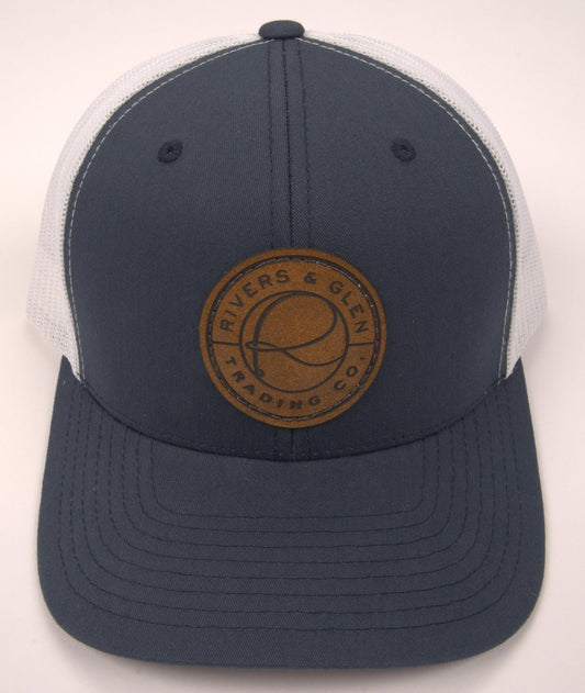 R&G Trucker Hat Navy/White Leather Patch 112 Rivers & Glen Trading Co. Hats Navy/White/112YP Headwear Rivers and Glen Trading Co