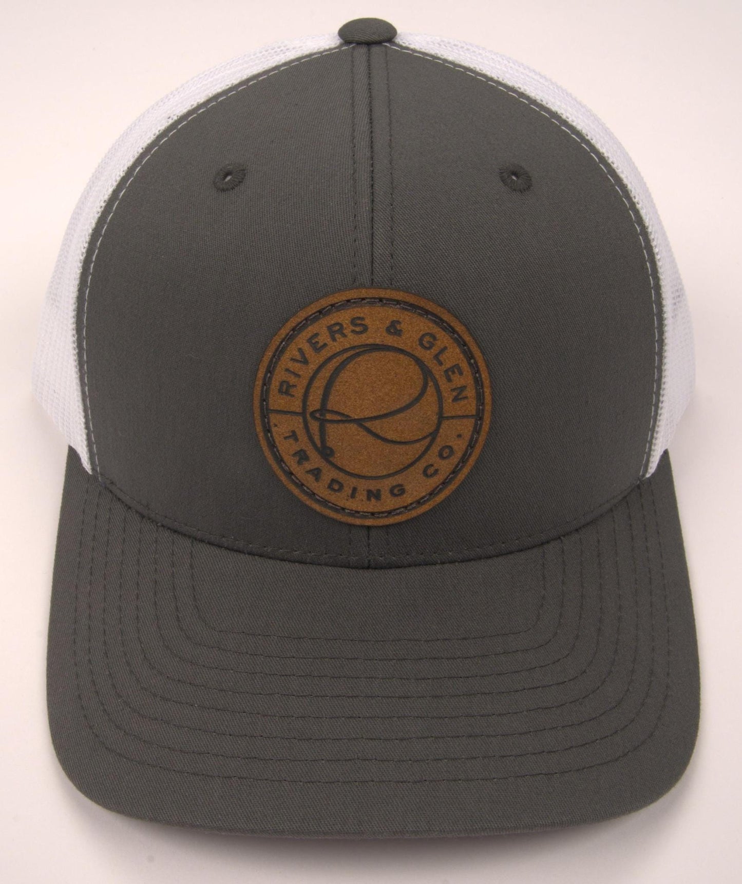 R&G Trucker Hat Charcoal/White Leather Patch 112 Rivers & Glen Trading Co. Hats Charcoal/White/112YP Headwear Rivers and Glen Trading Co
