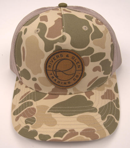 R&G Trucker Hat Harvest Duck Camo/Tan Leather Patch 112 5 Panel Rivers & Glen Trading Co. Hats HarvestDuckCamo/Tan/LeatherPatch/1125Panel Headwear Rivers and Glen Trading Co