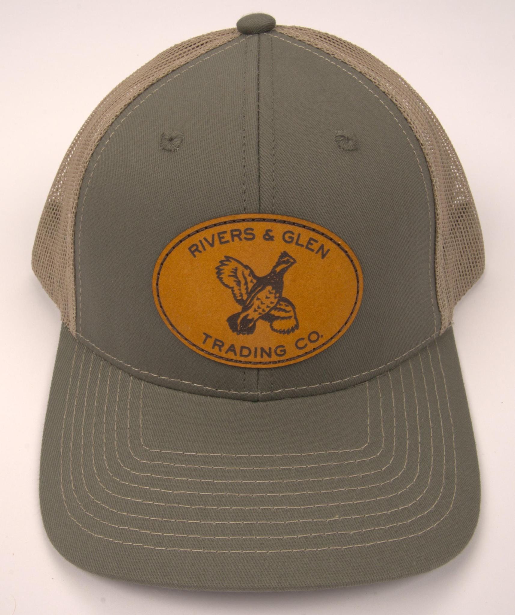 R&G Quail Trucker Hat Olive/Khaki Leather Quail Patch 112 Rivers and Glen Trading Co. Hats Olive/Khaki/LeatherQuail/112OC Headwear Rivers and Glen Trading Co