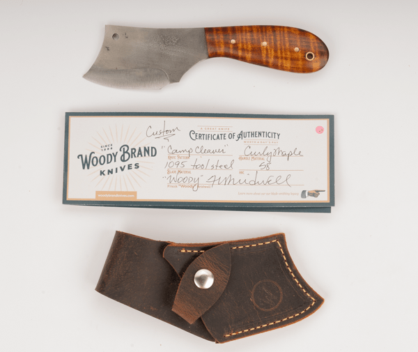 Woody Handmade Cutlery Camp Cleaver Woody Handmade Cutlery 1095 Tool Steel/Curly Maple / 2 Knives Rivers and Glen Trading Co