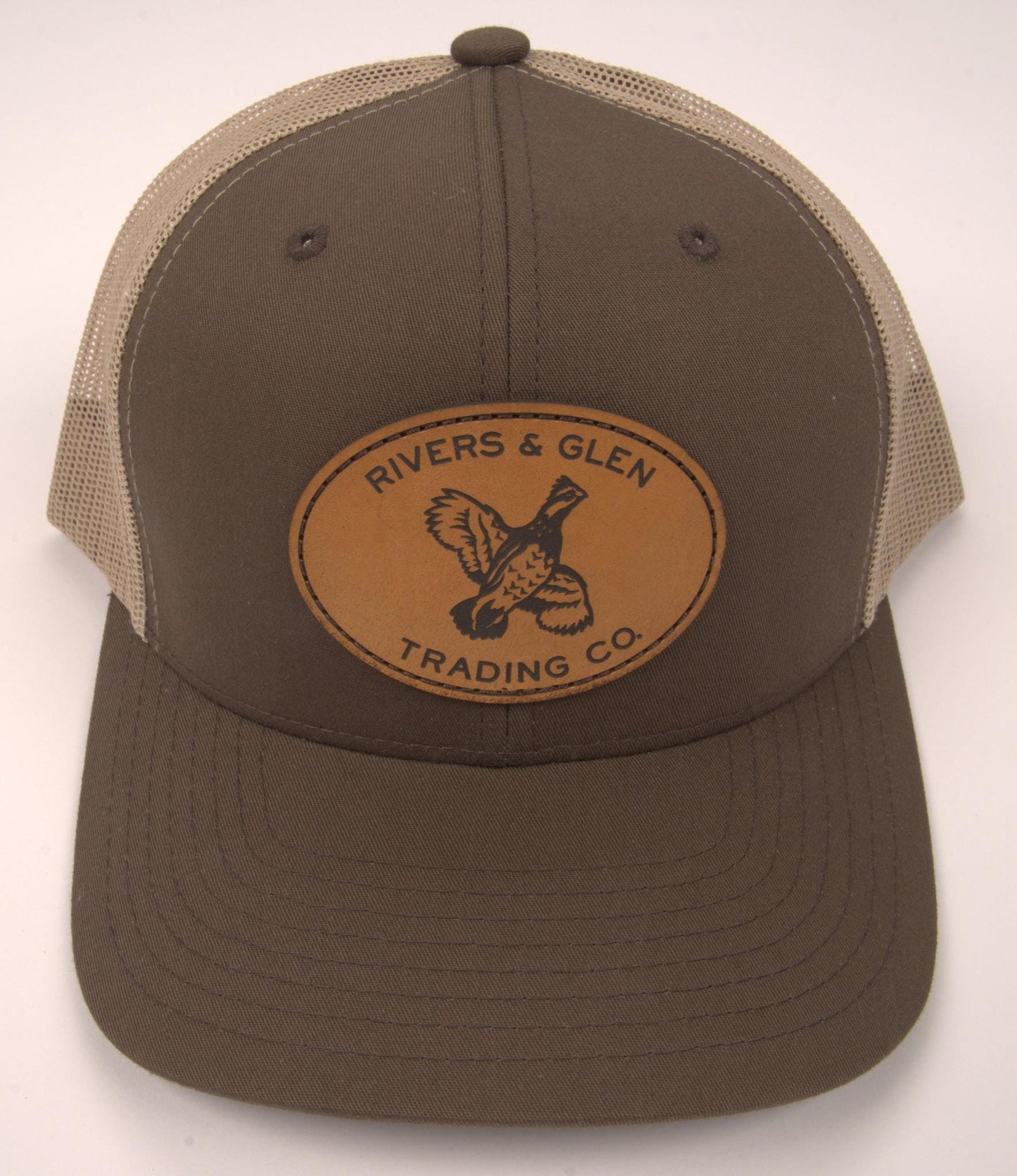 R&G Quail Trucker Hat Brown/Tan Leather Quail Patch 112 Rivers and Glen Trading Co. Hats Brown/Khaki/LeatherQuailPatch/112 Headwear Rivers and Glen Trading Co