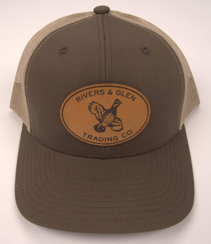 R&G Quail Trucker Hat Brown/Tan Leather Quail Patch 112 Rivers and Glen Trading Co. Hats Brown/Khaki/LeatherQuailPatch/112 Headwear Rivers and Glen Trading Co