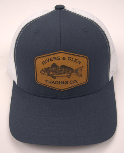 R&G Redfish Trucker Hat Navy/White Redfish Leather Patch 112 Rivers and Glen Trading Co. Hats Navy/White/RedfishLeather/112YP Headwear Rivers and Glen Trading Co