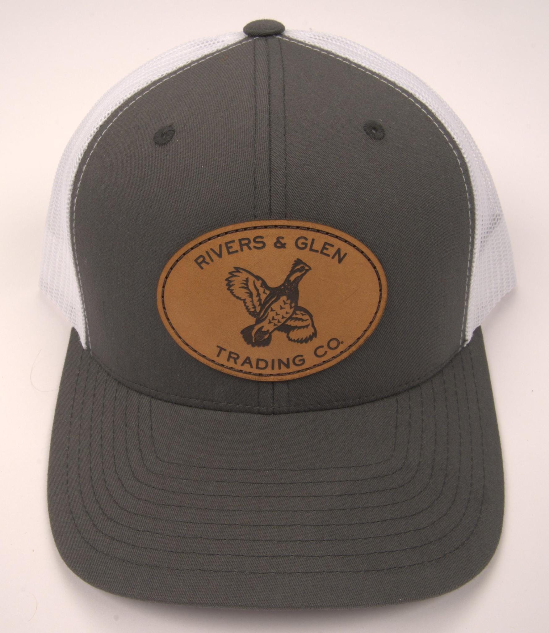 R&G Quail Trucker Hat Charcoal/White Leather Quail Patch 112 Rivers and Glen Trading Co. Hats Charcoal/White/LeatherQuailPatch/112YP Headwear Rivers and Glen Trading Co
