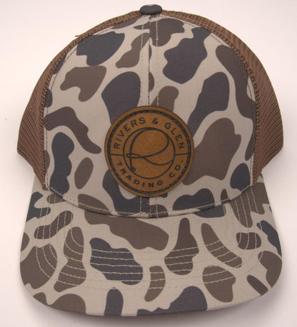 R&G Trucker Hat Cool Slough/Chocolate Slate Leather Patch 112 Rivers & Glen Trading Co. Hats CoolSlough/ChocolateSlate/LeatherPatch/112L Headwear Rivers and Glen Trading Co