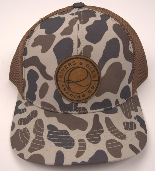 R&G Trucker Hat Cool Slough/Chocolate Slate Leather Patch 112 Rivers & Glen Trading Co. Hats CoolSlough/ChocolateSlate/LeatherPatch/112L Headwear Rivers and Glen Trading Co