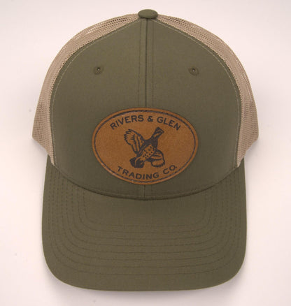 R&G Quail Trucker Hat Moss/Khaki Leather Quail Patch 112 Rivers & Glen Trading Co. Hats Moss/Khaki/LeatherQuail/112YP Headwear Rivers and Glen Trading Co